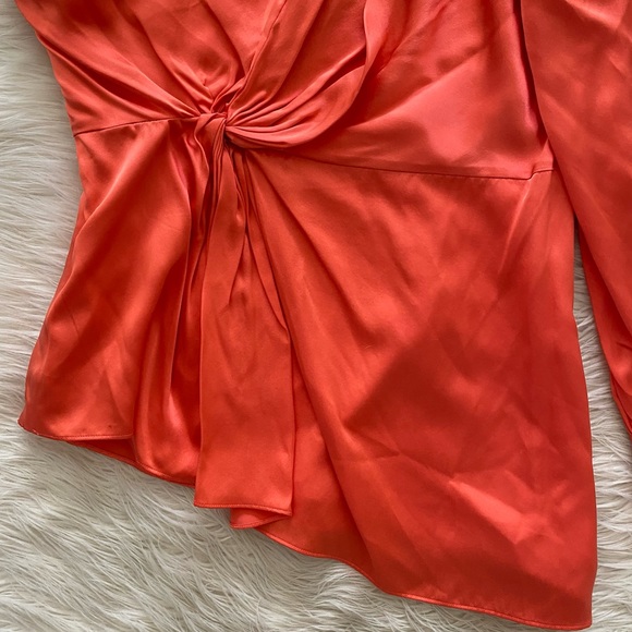 Cinq a Sept Neon Coral Satin Silk One Shoulder Stace Shirt Asymmetrical Blouse - Picture 5 of 14